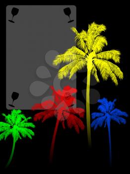 Red Yellow Blue and Green Palm Tree Silhouette Over Black Background with Copy Space Area with Cut Out Glasses
