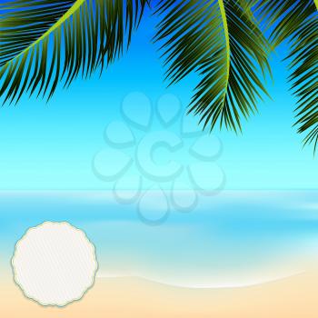 Tropical Summer Scene with Palm Tree Top Frame Blue Sky Sea and Copy Space Blank Circular Label