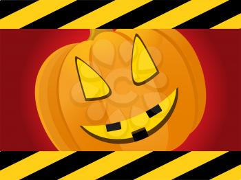 Halloween Red Background with Black and Yellow Striped Frame and Creepy Pumpkin Face