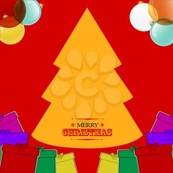 Christmas Red Background with Yellow Tree Baubles Gift Boxes and Decorative Text