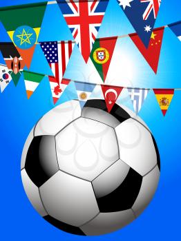 3D Illustration of Football Soccer Ball and World Flags Bunting Over Blue Sunny Sky Background