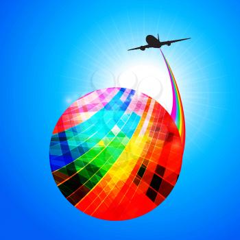 Multicoloured Striped Abstract Globe with Rainbow and Airplane Silhouette Over Blue Sunny Sky