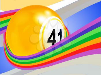 3D Illustration of Yellow Bingo Lottery Ball Wrapped in a Curved Rainbow Over Abstract Background