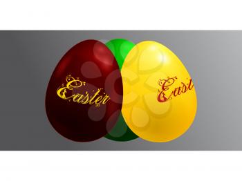 3D Illustration Of Trio of Easter Eggs Decorated with Floral Easter Text Over Gray Panel