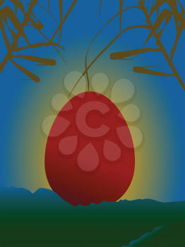 Red Easter Egg On a Serene Scene With Sunset Mountains and Vegetation Background