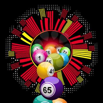 Bingo Lottery Balls Falling From a Cartoons Style Cityscape Circular Border Over Black Background