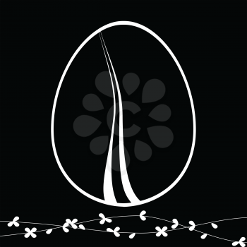 White Silhouette of Decorated Easter Egg and Floral Design Over Black Background