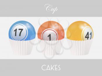 3D Illustration of Trio Of Cup Cake Made With Bingo Lottery Balls Over a White Panel on Gray Background with Decorative Text