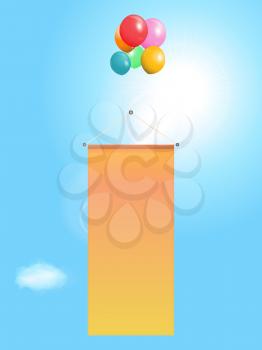 Flying Vertical Blank Copy Space Banner Attached to Balloons Over Blue Sunny Sky Background