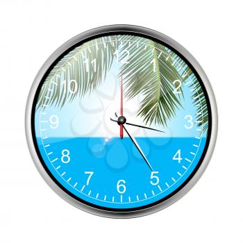 Vocational Summer Tropical Holidays Wall Clock With Palm Trees Sea and Lens Flares Over White Background
