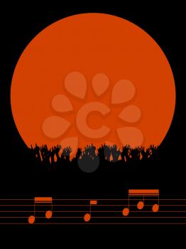 Music Festival or Party Red Border Copy Space with Cheering Crowd Silhouette Over Black Portrait Background with Music Notes on Pentagram
