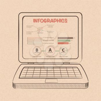 Hand Drawn Style Infographic With Options and Details Displaying on a Laptop Computer Over Brown Paper Background