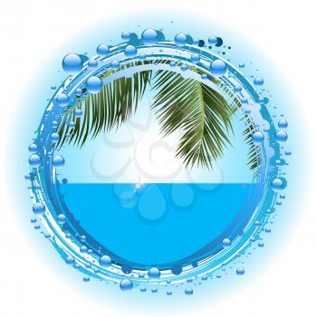 Summer Tropical Sea and Palm Tree Over Sunny Sky With Lens Flares Inside Water Bubble Circular Border