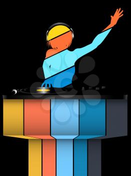 Striped Silhouette Of a Female Short Hair DJ and Record Decks with Headphone Over Striped Stage on Black Background