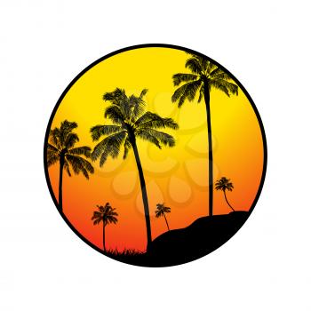 Silhouette Of a Palm Tree Tropical Forest Over Red And Yellow Sunset Inside Circular Border On White