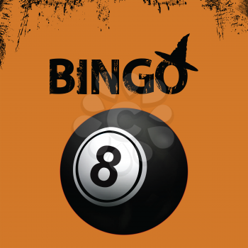 Black Bingo Ball Over Halloween Grunge Background With Decorative Text and Witch Wizard Hat