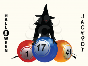 3D Illustration Of Halloween Bingo Lotto Background with Bingo Lottery Balls Decorative Halloween Jackpot Text and Silhouette Of Black Witch With Red Eyes and Hat