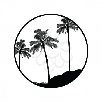 Palm Trees Black Silhouette Forest In a Circular Border Over With Trees Rock and Grass