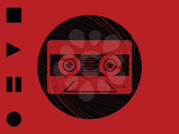 Silhouette Of Vintage Music Tape In a Swirl Circular Border Over Red Background With Stop Play Pause and Rec Buttons