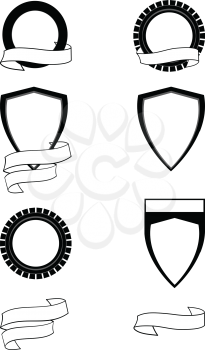 Heraldry Set Of Six Different Blank Shield To Personalize And Two Blank Personalizable Copy Space Banners in Black Over White