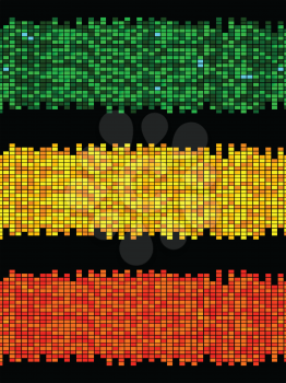 Trio Of Vintage Retro Copy Space Panels Made Of Vivid Colorful Tiles Green Yellow and Red Over Black Background