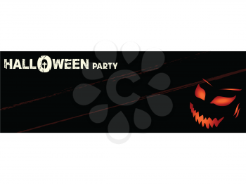 Halloween Party Invite Blank Copy Space Banner In Black With Grunge Effect Decorative Text And Spooky Evil Face Over White Background