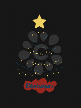 Abstract Christmas Tree Made Of Abstract Blue Baubles Yellow Stars and Red Silhouette Baubles As Base With Decorative Text Over Black Background