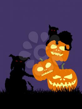 Hand Drawn Halloween Illustration Of Two Spooky Feral Cats Silhouette And Pile Of Pumpkins On Grass Over Purple Background
