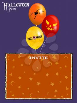 Halloween; Purple Background With Blank Invite Party Card With Bats Spiders Moon And Stars And Balloons Decorated With Spider Text And Creepy Face