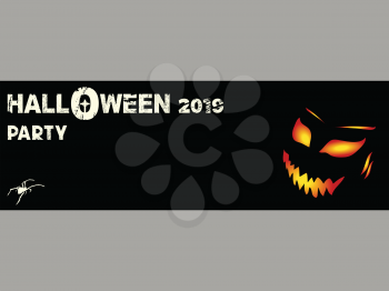 Halloween 2019 Party Banner In Black With Evil Flaming Face Decorative Text And Spider Silhouette And Copy Space On Gray Background