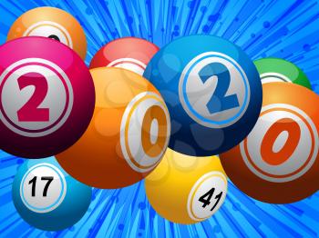 Twenty Twenty 2020 Bingo Lottery Balls With Date Over Bleu Star Burst Background