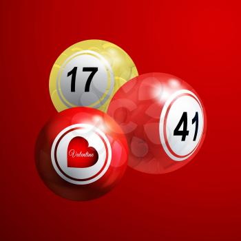 3D Illustration Of Valentine Bingo Lottery Balls Decorated With Love Hearts Over Red Background