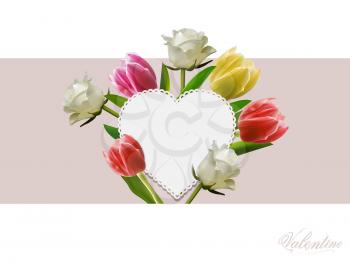 White Heart Copy Space Blank Card Over Roses And Tulips Flowers On A Rectangular Panel And White Background With Decorative Text