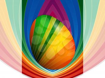 3D Illustration Of Striped Easter Egg Over Multicolored Striped Panel On Faded Striped and White Background
