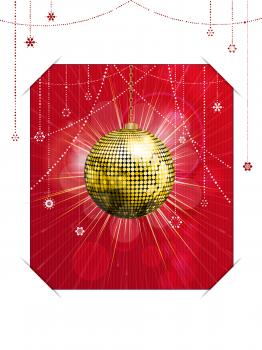 Christmas Card With Golden Disco Ball Festive Decorations Over Red Textured Background Hold Into White Blank Copy Space Card