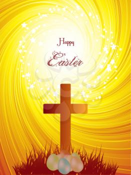 Easter Religious Abstract Yellow Swirl Background With Cross Easter Eggs Grass Silhouette And Happy Easter Decorative Text