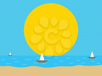 Minimalistic Abstract Hand Drawn Sea And Beach Scene With Sand Sea Boats And Big Yellow Sun