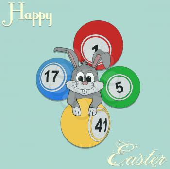 Hand Drawn Easter Bunny With Bingo Lottery Balls Over Turquoise Background And Happy Easter Decorative Text