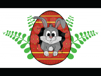 Hand Drawn Easter Bunny Coming Out From Cracked Decorated Easter Egg Over Green Braces With Leafs On White Panel 