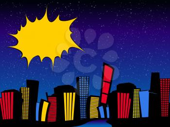 Vintage Retro Comics Cartoons Style Night Cityscape With Sky scrapes Road And Blank Copy Space Yellow Explosion Bang