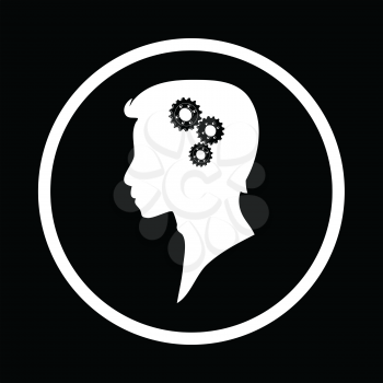 Hand Drawn White Male Head Silhouette With Black Cogs In a Circular Border Over Black Background 
