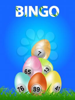 Easter Eggs With Bingo Numbers On Green Grass Over Blue Background With Decorative Bingo Text