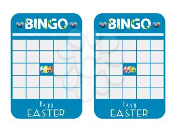 Blank Blue Bingo Cards cut out Decorated With Easter Eggs And Happy Easter Decorative Text Over White Background