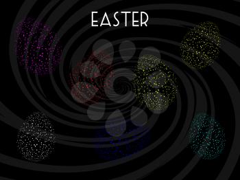 Abstract Neon Fluorescent Easter Eggs Over Black Background With Tone On Tone Lighter Black Spiral And Decorative White Easter Text