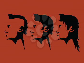 Trio Of Male Head Black Silhouette Hand Drawn With Different Hair Style Over Dark Orange Landscape Background