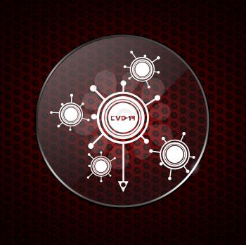 White Abstract Covid19 Molecules Logo Contained Into Circular Metallic Border With Lens Over Red Honeycomb Background