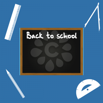 Back To School Blue Background With Blank Copy Space Blackboard Protractor Ruler Pencil And Compass