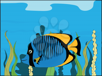 Hand Drawn Blue Fish With Black Stripes And Yellow Fins Underwater With Sea Vegetation Background