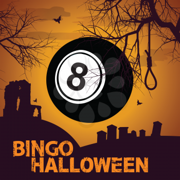 Halloween Bingo Creepy Spooky Background With Number Eight Black Ball Decorative Text And Silhouette Of Trees Graveyard Ruins And Bats