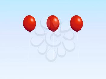 Trio Of Isolated Red Balloons With Strings And Light Reflection Over White And Light Blue Background
